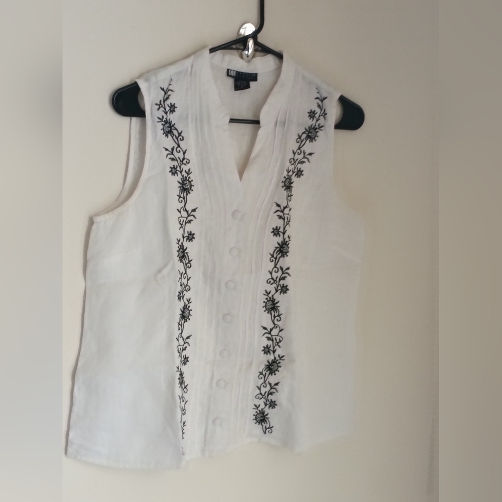 Carole Little Blouse Women Large White & Black Embroidery Mandarin Collar Resort